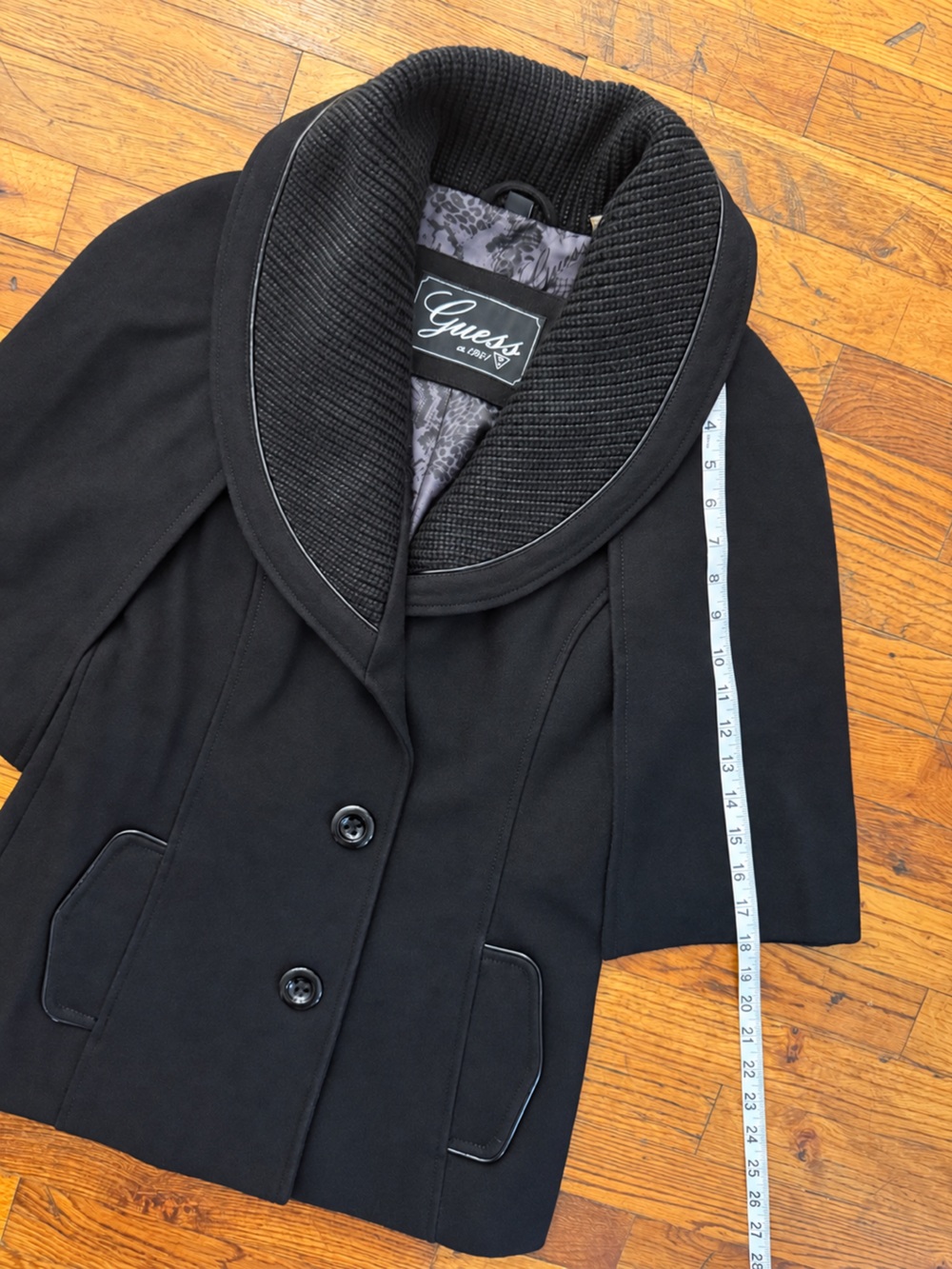 GUESS Black Wool Blend Cape Jacket Ribbed Shawl Collar Piping Women's Size S - Picture 11 of 15